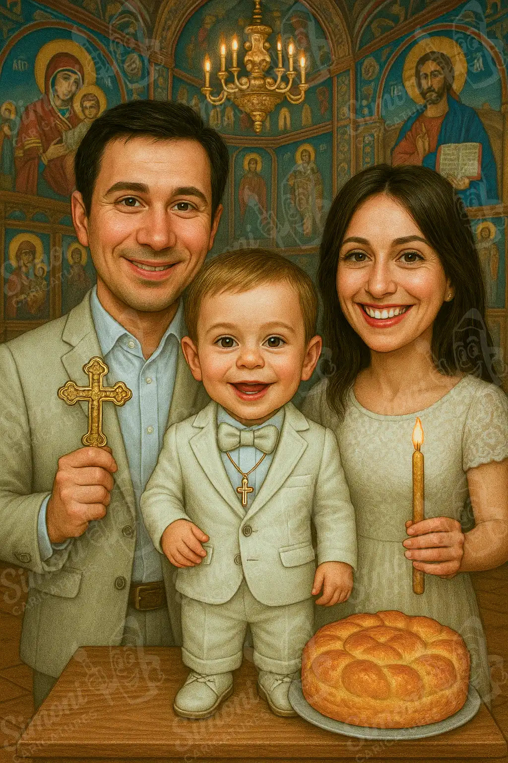 Карикатура на семейство в църковна обстановка с малко дете, държащо свещ и кръст, символизираща кръщене, персонализиран портрет, тематични подаръци, Simoni Caricatures.